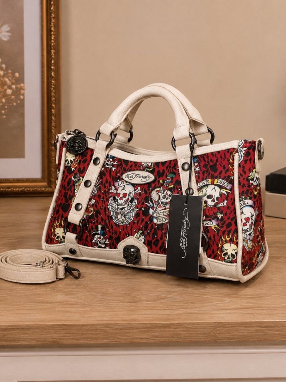 Ed Hardy Red Leopard Skull Satchel Bag Convertible Strap NWT